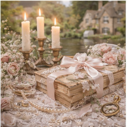 Candles and books by English cottage