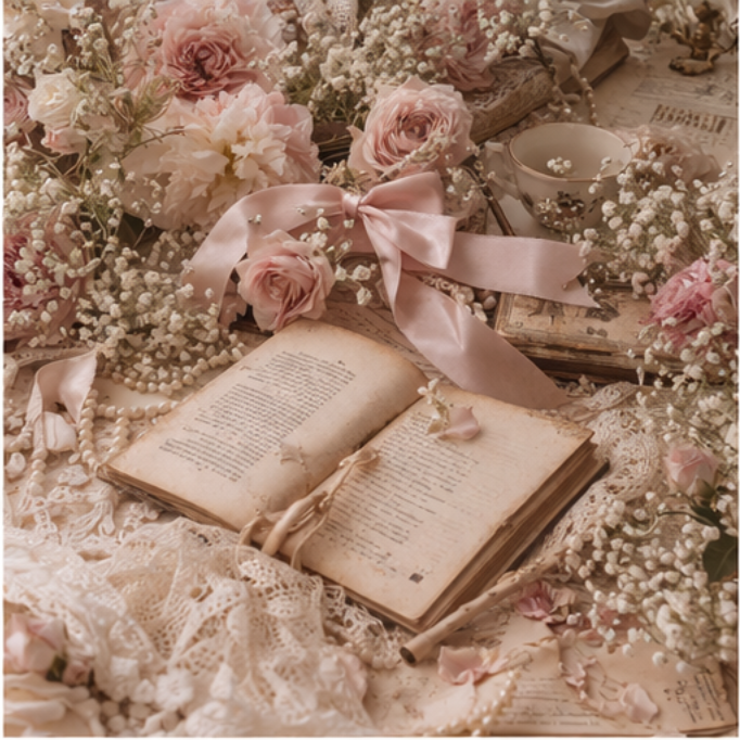 Open vintage book with pink bow, roses, and baby's breath